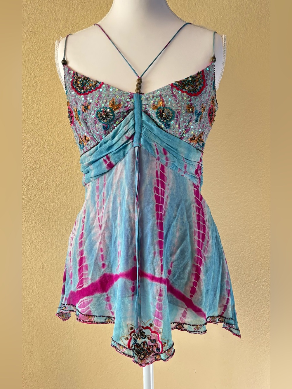 Vintage Y2K Cami Boho Top Karen Millen Silk Tie Dye Sequins Beads Strappy Size 8